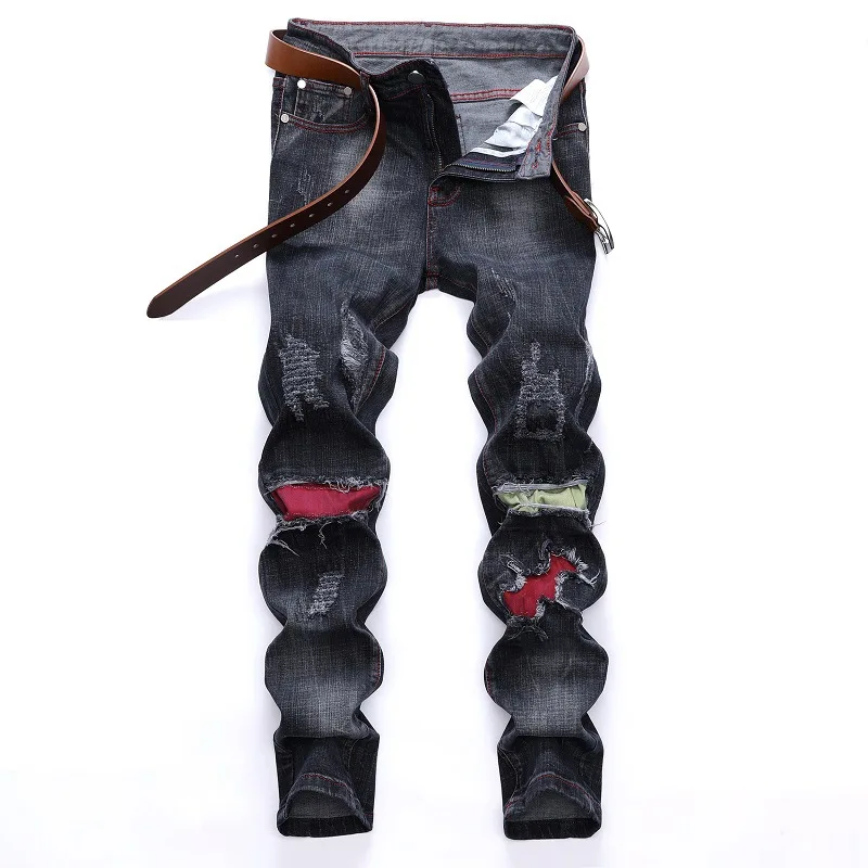 Men Biker Jeans Brand Ripped Hole Jeans Mens Slim Fit Straight Denim Trousers Casual Designer Patchwork Pants Pantalon Hombre 42