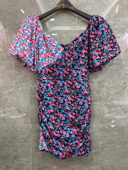 

2020 Spring and Summer New Women's V-neck Color Panel Printed Pattern Decorative Short-Sleeve Dress 608