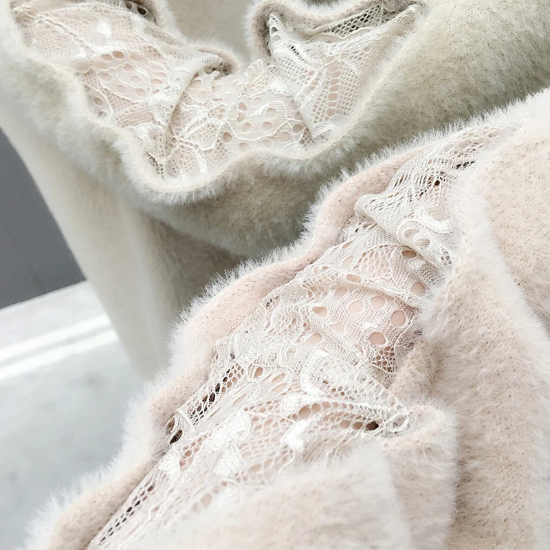 autumn new Casual Knitted Tops Women Solid color V-Neck Lace Sweater Fashion Loose Lantern Sleeve Pullovers women