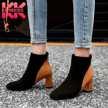 

KemeKiss Women Ankle Boots Mixed Color Casual Keep Warm Fur Shoes Women Back Zipper Square Heels Footwear Female Size 34-43