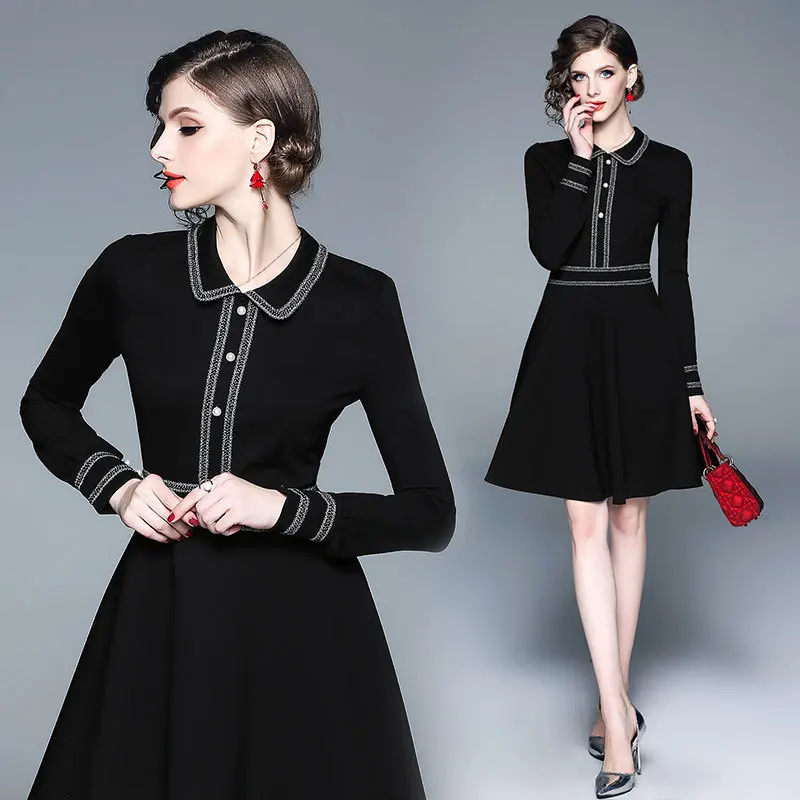 

Debutante Joint Online Celebrity-2018 Autumn Clothing New Style Graceful Black And White with Pattern Black Dress A- line Dress