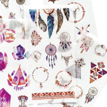 

6 Sheets Indian Style Feather Rings Adhesive Stickers Decorative Album Diary Stick Label Paper Hand Account Decor Kids Gift