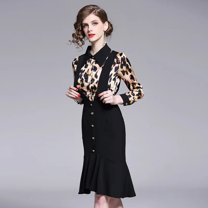 

2019 New Style Europe And America Mock Two-Piece Joint Leopard Hip Waist Hugging Fishtail Skirt Flounced Dress