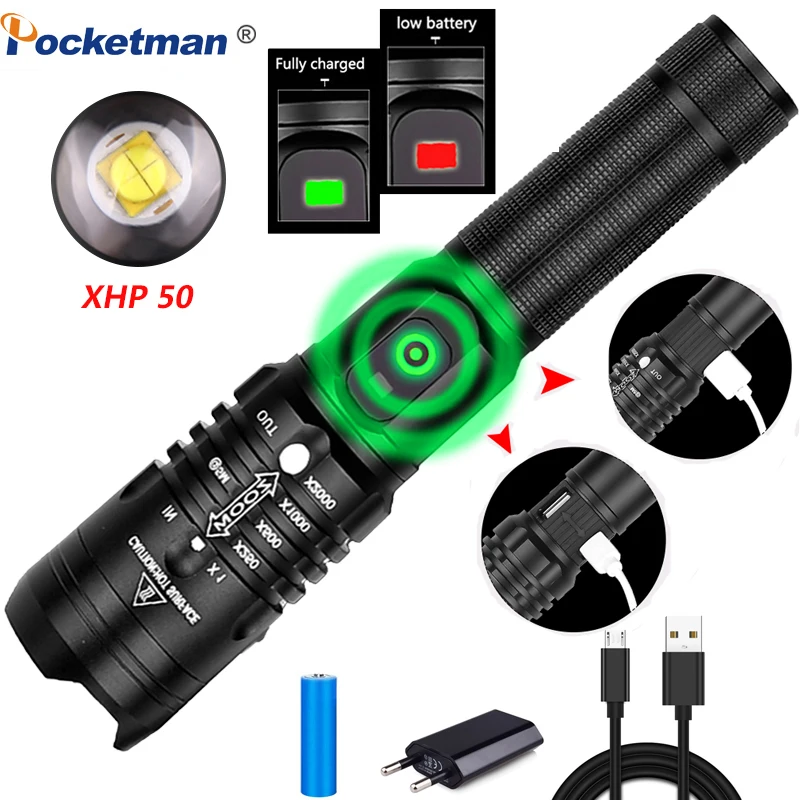 

Brightest flashlight USB Rechargeable led Torch xhp50 waterproof lantern power by18650 battery best for hunting Fishing Camping