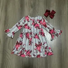 Весенне-зимняя одежда для маленьких девочек детское серое платье в полоску с цветочным рисунком хлопковые наряды из шелка с оборками и бантом до колен