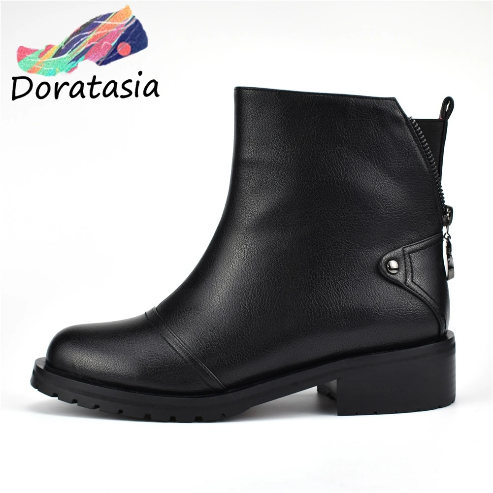 

New Fashion Big Size 34-42 Solid Wide Med Heels Zip Round Roe Shoes Woman Casual women's Winter Warm Ankle Boots Black