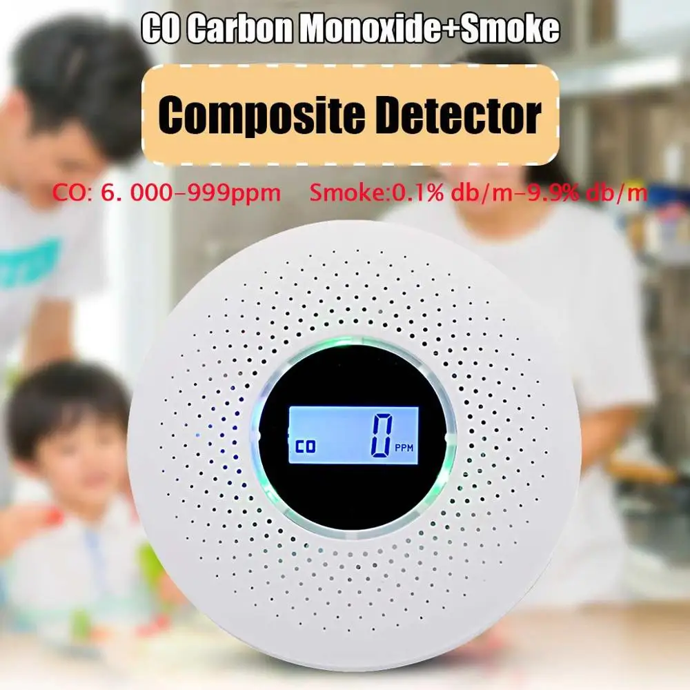 

2 in 1 LCD Display Carbon Monoxide & Smoke Combo Detector Battery Operated CO Alarm with LED Light Flashing Sound Warning