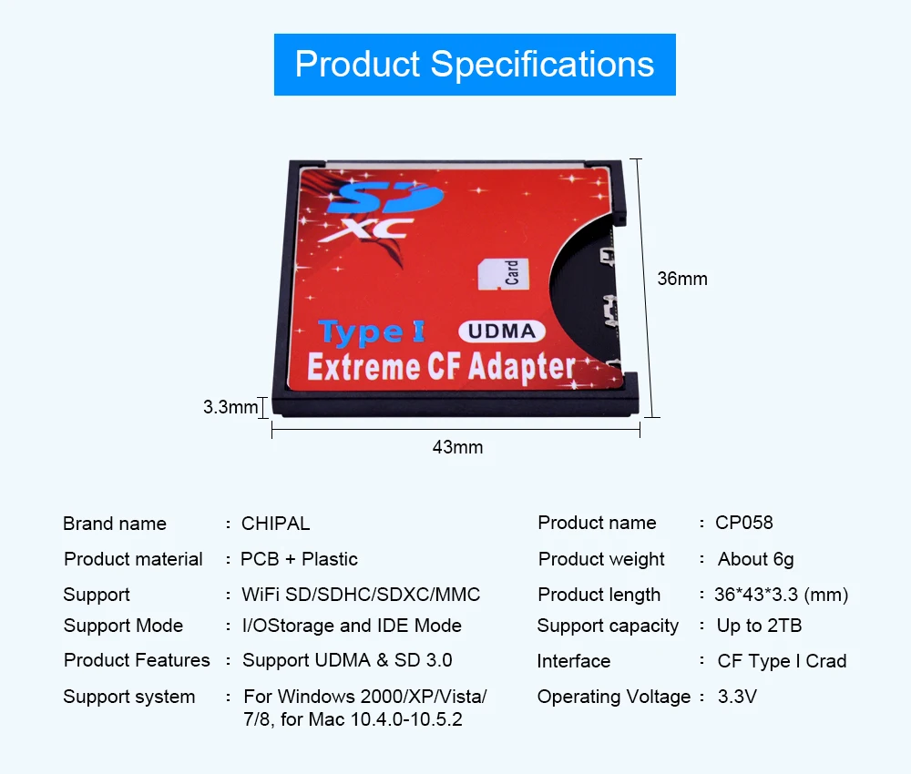 CHIPAL Профессиональный SD-CF адаптер для карт SDHC SDXC до 3,3 мм стандартный Compact Flash type I устройство для чтения карт памяти конвертер