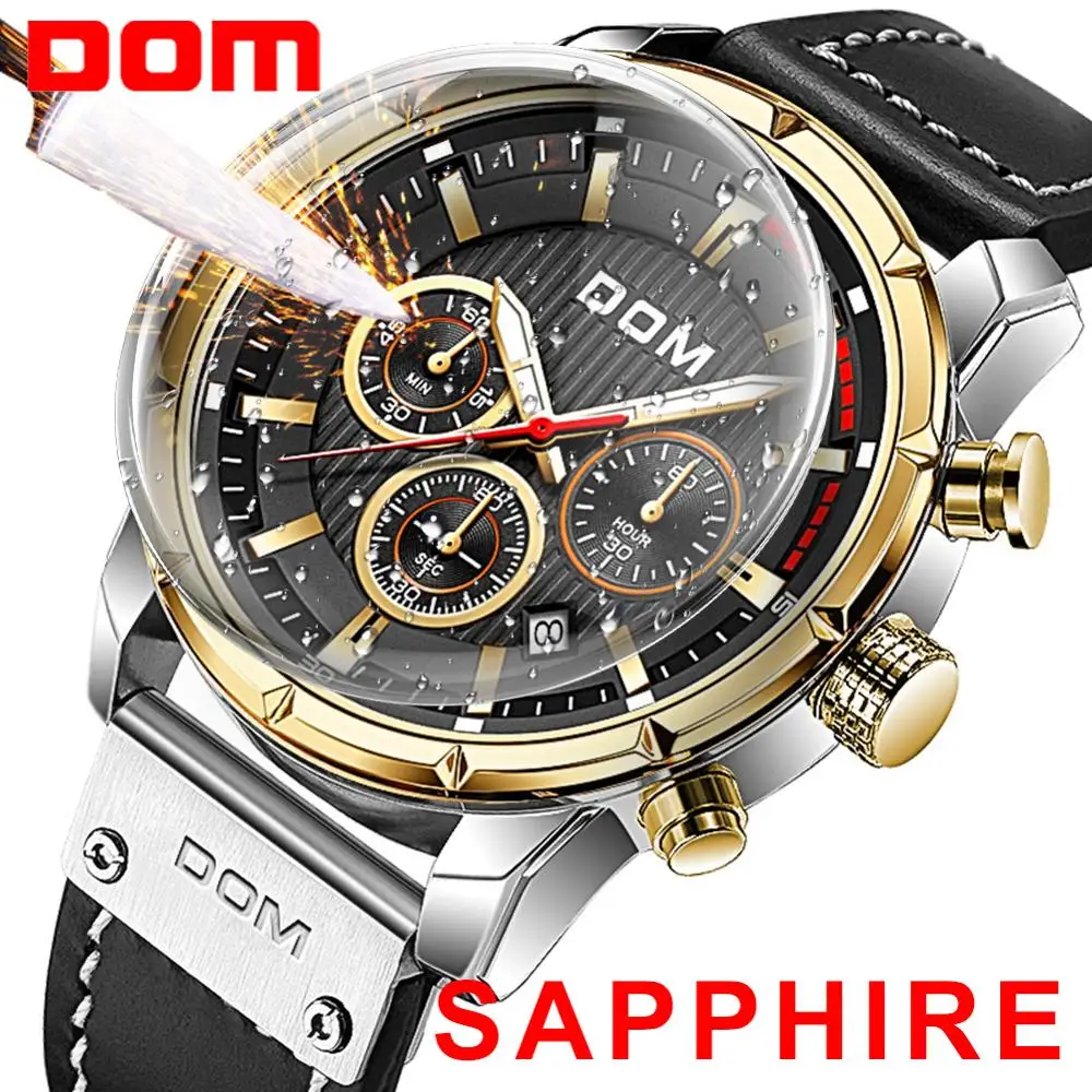 

DOM Sapphire Sport Watches for Men Top Brand Luxury Military Leather Wrist Watch Man Clock Chronograph Wristwatch M-1320DGL-1M