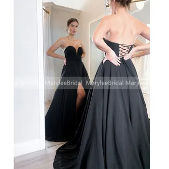 

Strapless A-line Black Prom Dresses 2020 Simple Long Sexy Vestido De Festa High Slit Formal Evening Party Dress Lace Up Back