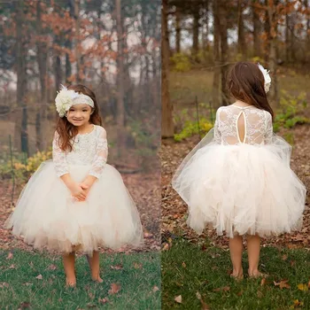 

Boho Country Wedding Flower Girl Dresses Illusion Long Sleeve Tulle Skirts Tea Length 2020 Cheap Baby Kids Cute Ball Gown