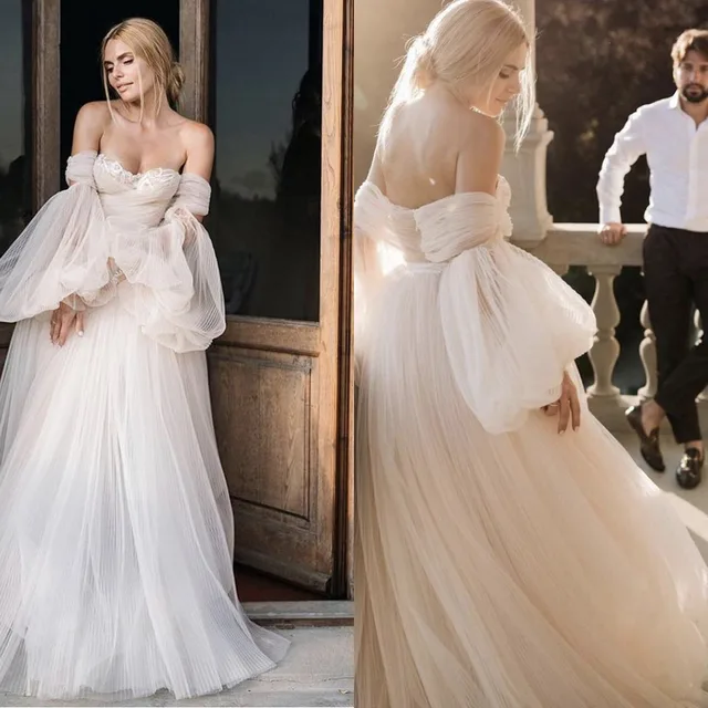 $US $85.87 Light Champagne Dreamy Princess Wedding Dress 2021 A-Line Off  Shoulder Puffy Sleeve Backless Fairy Bride Gown Vestidos De Noiva