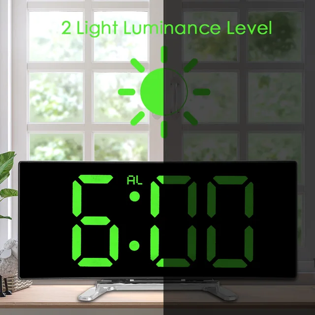 HILIFE Digital Table Clock Electronic 7 Inch Number Desktop Alarm Clocks For Kids Bedroom LED Screen Curved Dimmable Mirror 2