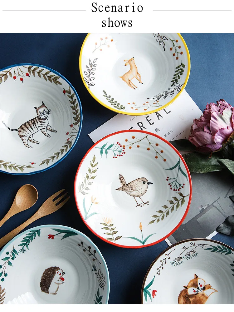 Керамическая большая миска для лапши с милыми животными из мультфильмов, фруктовая Салатница, миска для супа, миска для супа, миска с ковшом, миска с раменом, миска для посуды