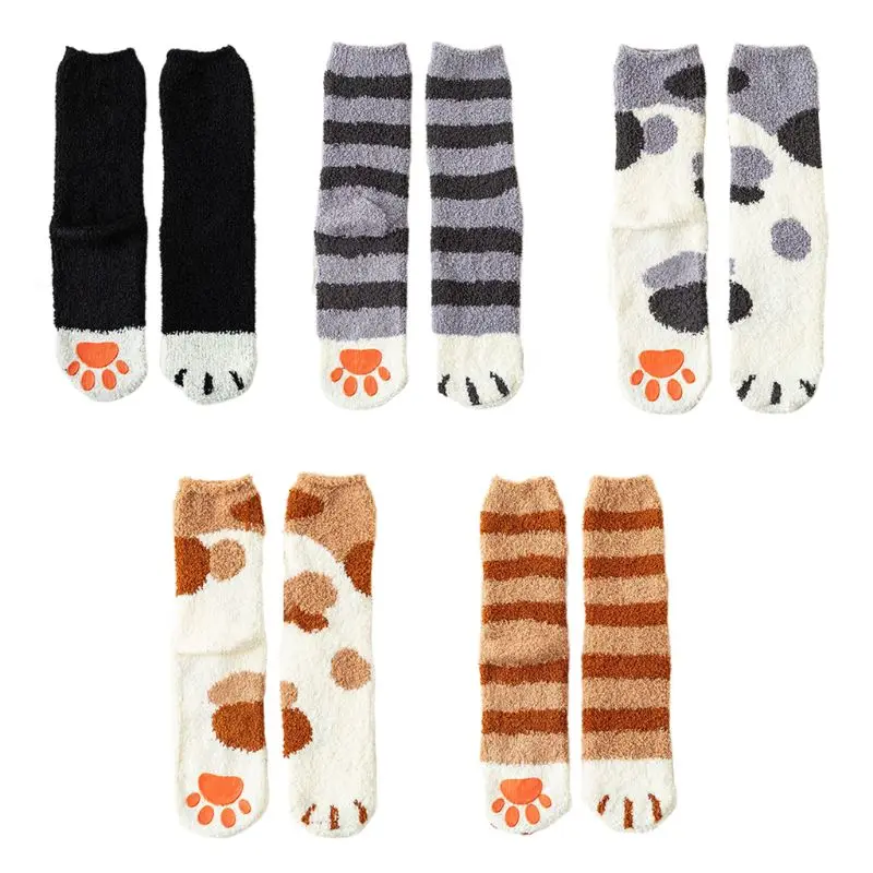 Женские Зимние коралловые домашние тапочки с принтом в виде лап кота и бархатные носки с захватами M6CD