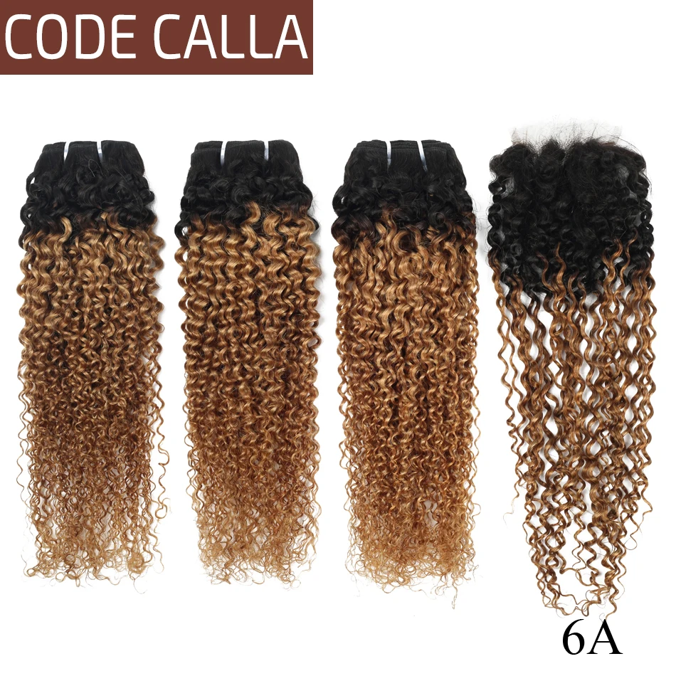 

Code Calla Kinky Curly Hair Bundles With Closure 4X4 Free Part Ombre Color 6A Brazilian Remy 100% Human Hair Weaving For Africa