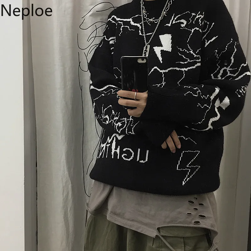 Neploe Harajuku Printing Pullover Sweater Autumn Winter Korean Thick Knit Pullover Retro Unisex Long Sleeve Pull Jumpers 55611