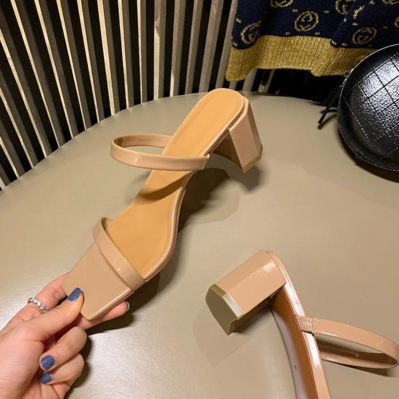 

Fashion Slippers Shoes 2020 Summer New Korean Style All-match Wear-Resistant Open Toe Chunky Heel High Heels Women