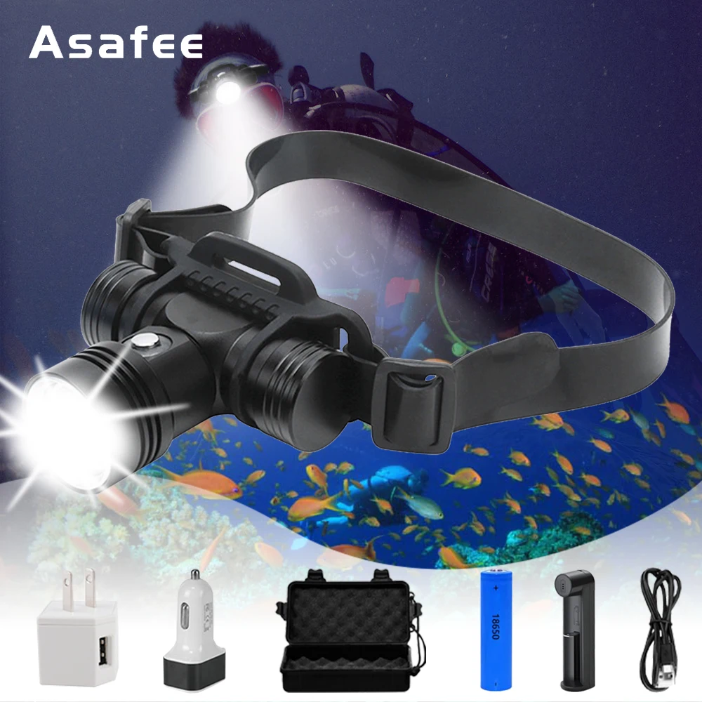 Asafee Diving Headlight Headlamp Head Flashlight 1000LM XML L2 LED