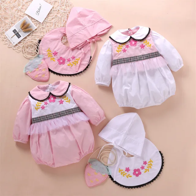 4pcs Newborn Baby Girls Embroid Flower Romper+hat+bib+bag Outfits Sleepwear Set Outfits Bimba Baby Girls Clothes Set 2021