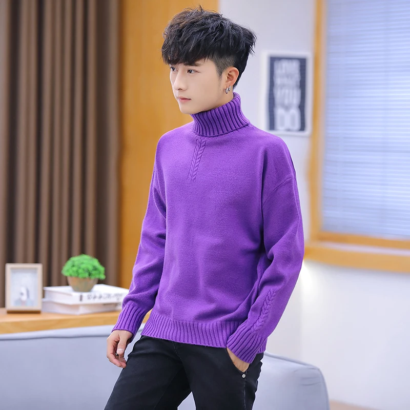 

Warm Turtleneck Sweater Men Fashion Solid Knitted Mens Sweaters Spring Autumn Solid Color Long Sleeve Turtle Neck Slim Pullover