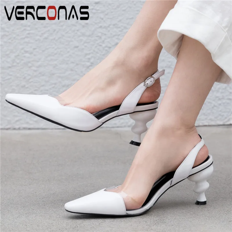 

VERCONAS Women Top Quality Office Shoes Pointed Toe Slippers Summer High Heeled Sandals Popular Genuine Leather Shoes Woman
