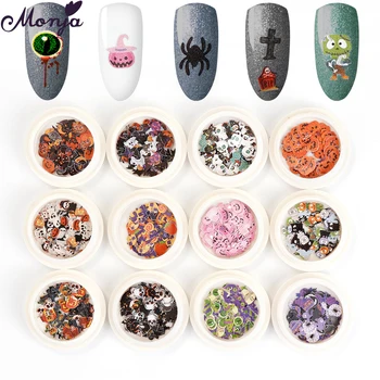 

Monja Nail Art 12 Styles Halloween Skull Ghost Candy Pumpkin Head Design Multi-pattern Flake 3D Manicure Decoration Accessories