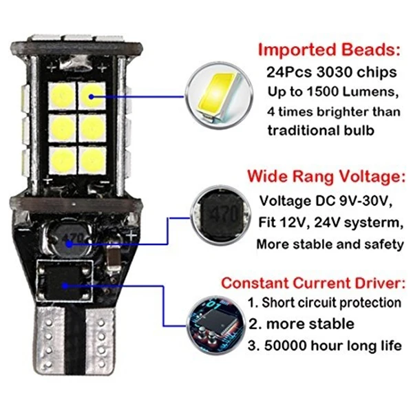 1Pc Error Free 921 912 T10 T15 W16W Led Reverse Light, 24Smd 3030 Led Bulb 1500 Lumens Extremly Bright For Car Led Backup Revers