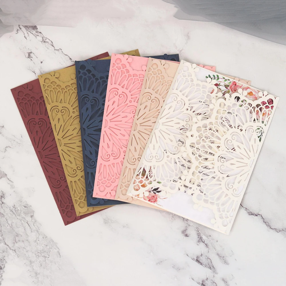  10pcs Laser Hollow Tri-Fold Wedding Invitation Decoration Card Cover Banquet Business Invitation En - 4000515217066