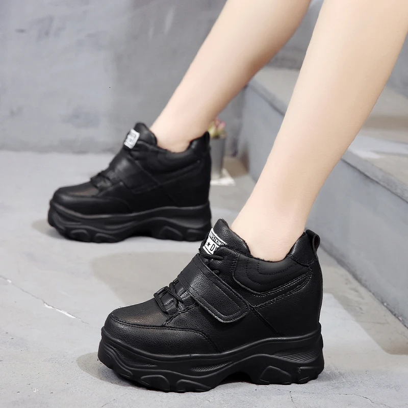 autumn 9CM Black Новые женские зимние ботильоны на платформе г. Кроссовки на танкетке теплые зимние ботинки на меху Женская хлопковая обувь на толстой подошве и высоком каблуке 9 см - Цвет: autumn 9CM Black