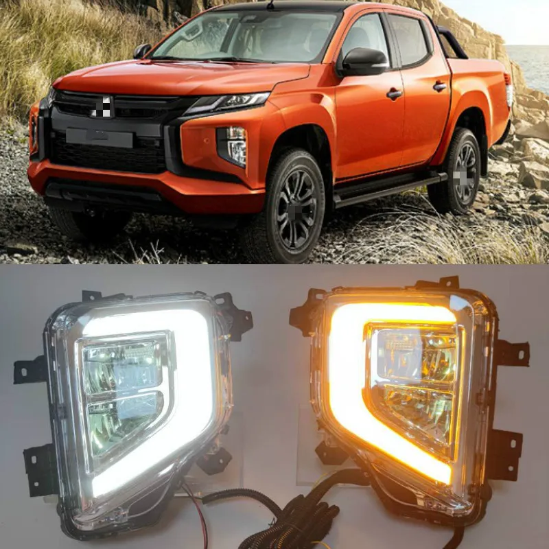 

2PCS LED DRL Daytime Running Lights Fog Lamp Cover with Yellow Turn Signal Lamp For Mitsubishi Triton L200 2019 2020