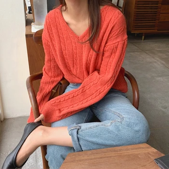 

Dunayskiy 2020 Autumn Winter Women Sweater V-Neck Pullovers Minimalist Knitted Elegant Ladies Korean Solid Colors Tops