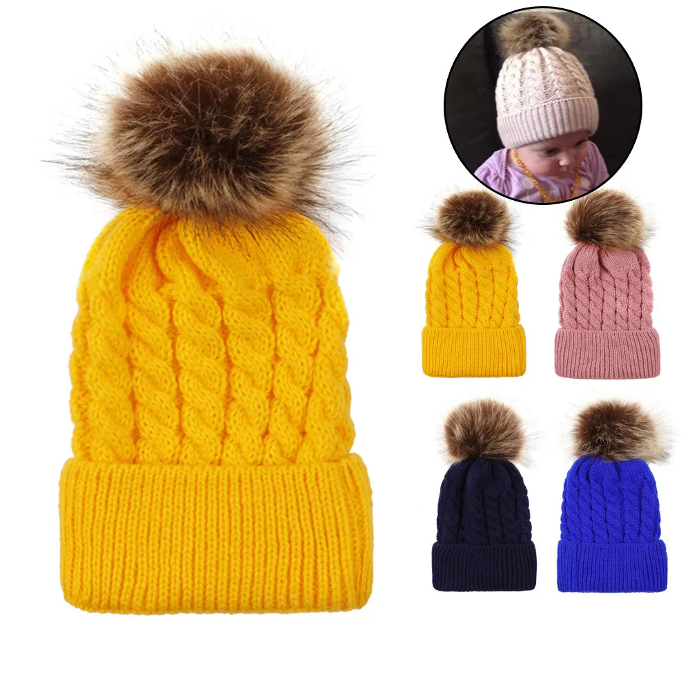

Winter Kids Knitted Hats Baby Hairball Wool Cap Baby Lnit Hairball Cap Children hats kids bonnet Skullies Beanie czapka zimowa