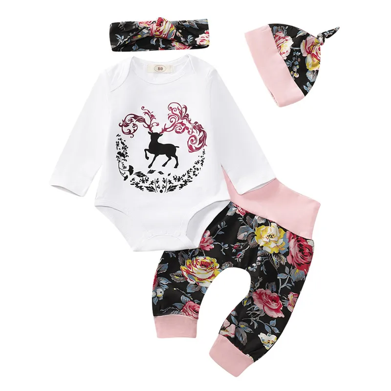 

Autumn 4 pcs Pasgeboren Baby Meisjes Kleding Lange Romper Tops Broek Hoofdband Hoed Outfit Set Bebes Leuke Bloemen Bodysuits
