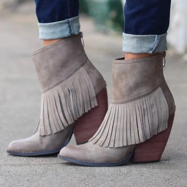 

Hot Selling New Style Chunky-Heel High-Heel Fringed Boots Women's Autumn And Winter 41.42. 43 Yards Large Size after Zipper WOME