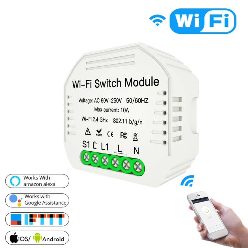 

WiFi Smart Light 1 Gang 2 ways Switch Diy Module Smart Life/Tuya APP Remote Control Works with Alexa Echo Google Home