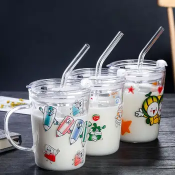 

350ml with Straw With Lid High BorosilicateGlass Cup Pencil Luck Watermelon Double Wall Water Milk Tea Glass Insulation Cup Mug