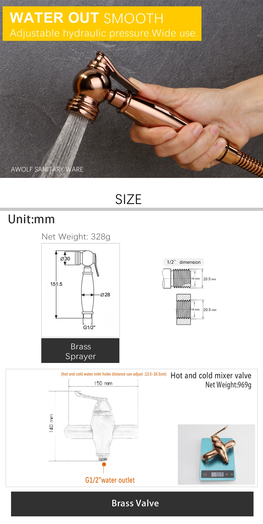 Description Picture 3 of itemHand Held Bidet Sprayer Rose Gold Solid Brass Hot And Cold Mixer Valve Faucet Douche Kit Toilet Shattaf Shower Polishing AP2192