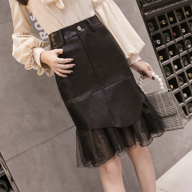 

2019 Autumn New Skirt The Wild High Waist Stitching Mesh In The Long Section Pu Leather Skirt Women Plus Size Free Shipping