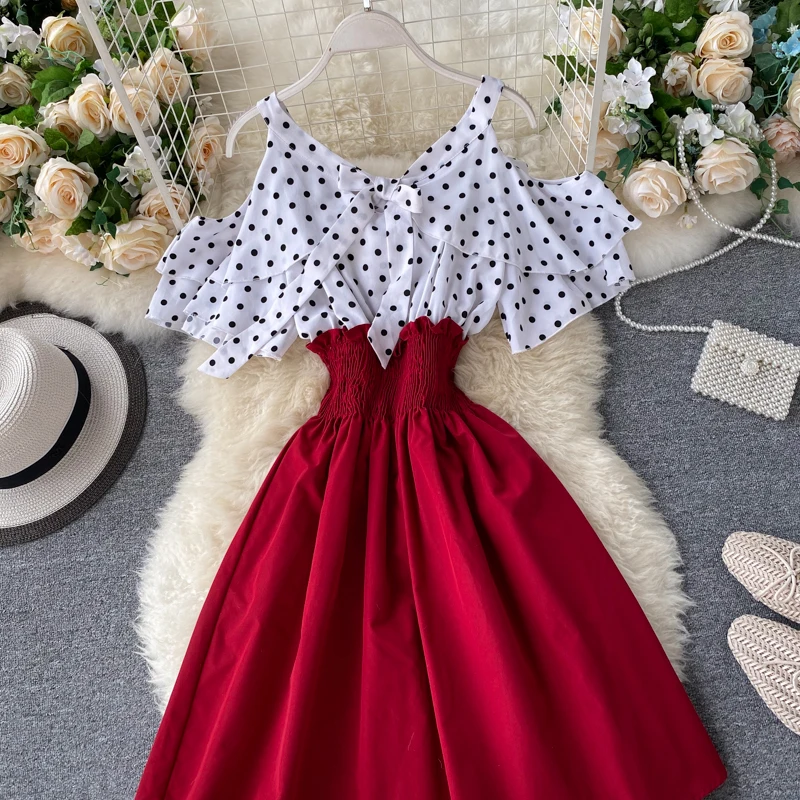 Boho Ruffles sexy Off shoulder polka dot print patchwork Summer short Dress Women slim waist dress casual a-line beach dress