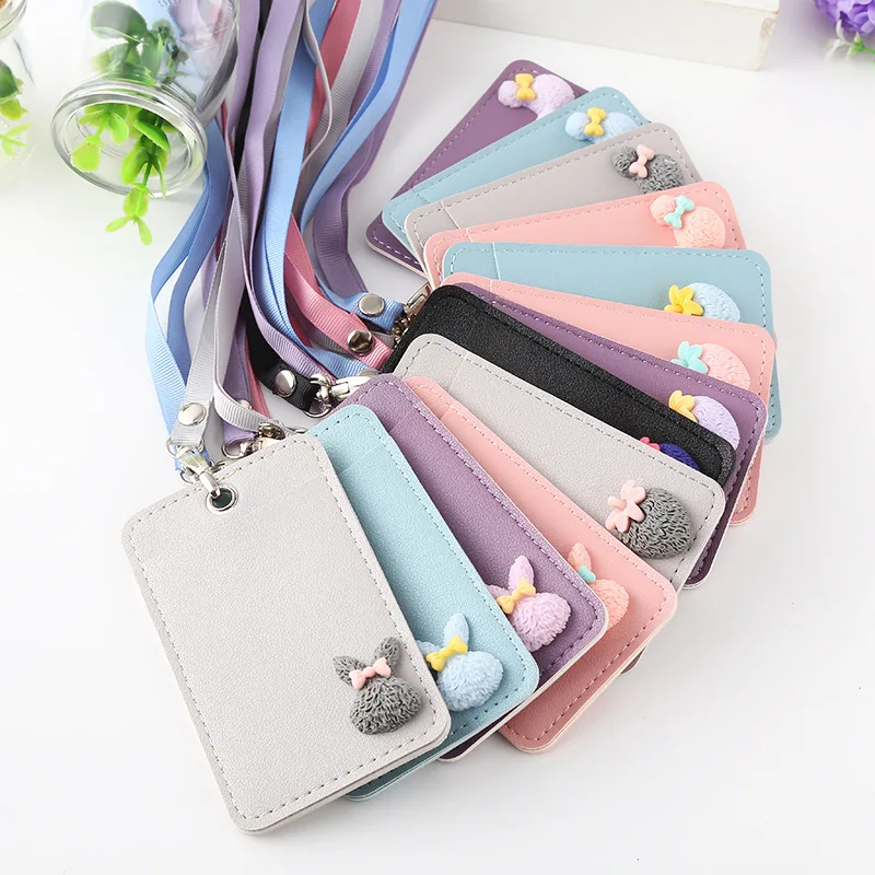 

Cute Cartoon Leather Card Holder Candy Color Students Bus Card Case Lanyard Girls Rabbit Door Work Identity Badge 2 Cards Cover