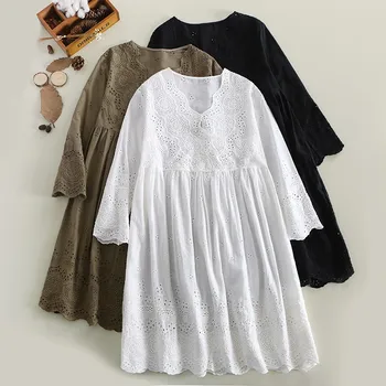 

Boutique fine embroidery hollow out V-neck loose cotton long sleeve doll dress
