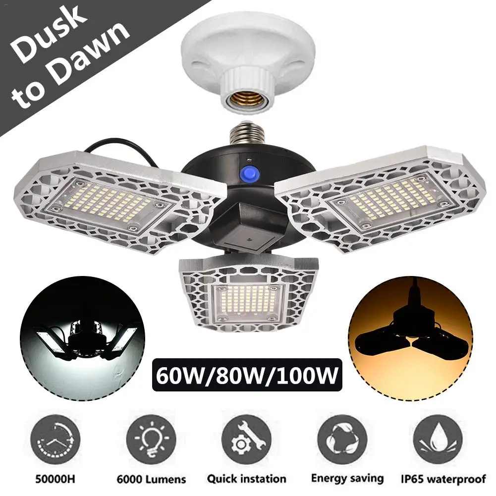 

LED Garage Lights 100W 10000LM IP65 Deformable Dusk To Down Ceiling Light Super Bright For Shop Garage Workshop Barn Warehouse