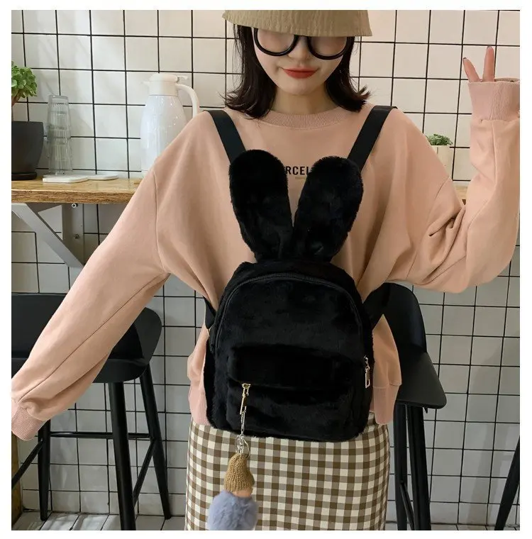 Custom Bear Faux Fur Mini Backpack Rabbit Ear Women Travel Shoulder Bags Fashion Plush Backpack Rucksack School Bag for Girls