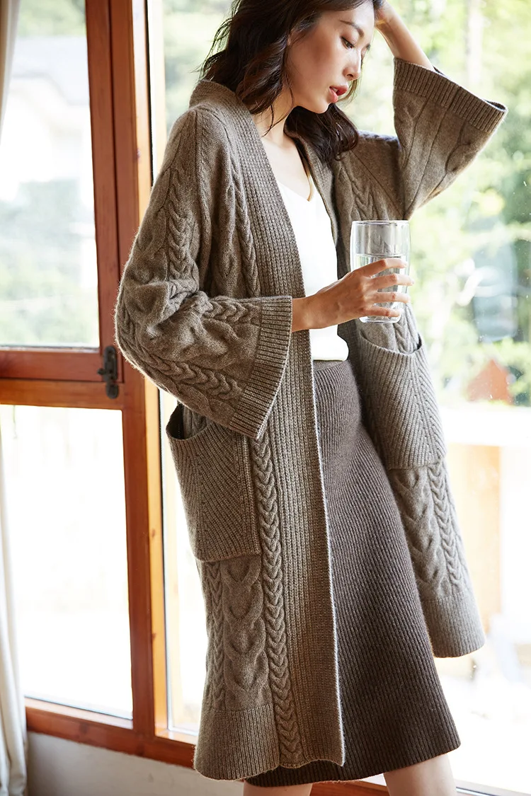 Pull femme nouveaute2019осенне-зимний женский свободный джемпер большого размера, толстый теплый вязаный кардиган, скрученный кашемировый длинный свитер из яка - Цвет: Light Camel