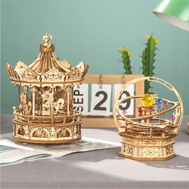 Robotime 3D Wooden Puzzle 336pcs Rotatable DIY Romantic Carousel Game Gift for Children Kids Adult AMK62 Assembly Music Box Toy 2