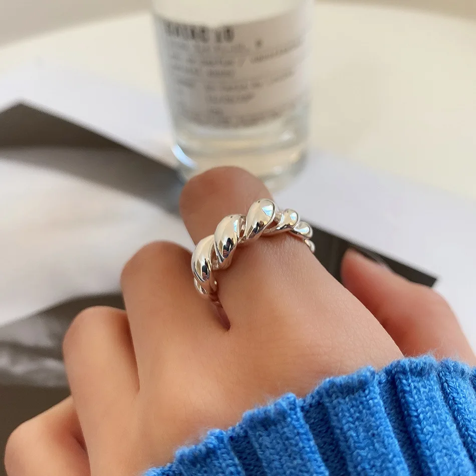 Lispector 925 Sterling Silver Korean Twist Weave Ring for Women Minimalist Twine Double Layer Thick Wrap Rings Rock Punk Jewelry
