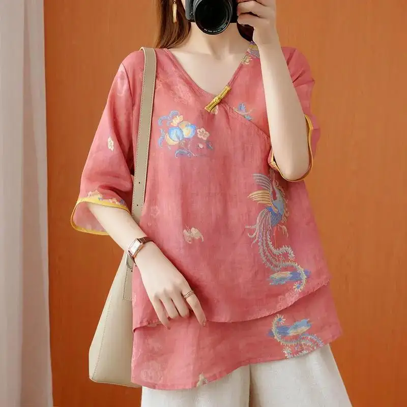 New Traditional Chinese Top Chinese Flower Print Hanfu Clothes Oriental Clothing Traditional Linen Blouse For Women