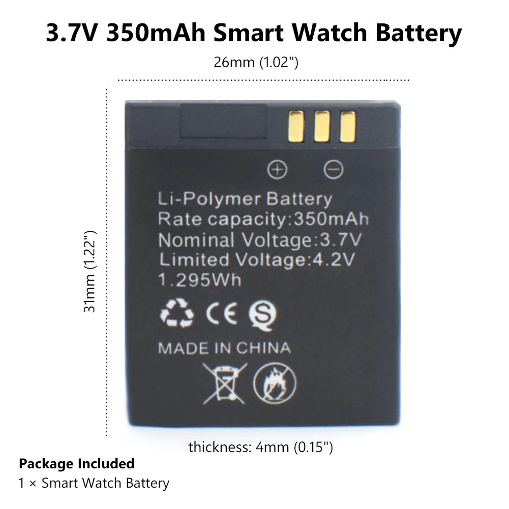 

MJKAA 3.7V GT-08 Rechargeable Batteries Li-Po Lithium Li-polymer Li-ion Polymer Battery 350mAh for Smart Watch