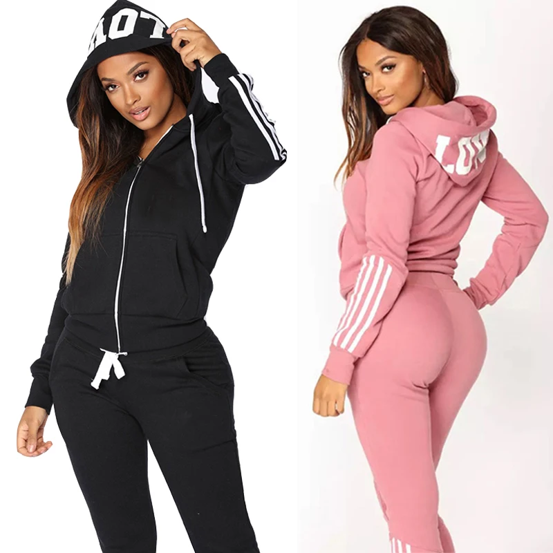 Women's Sweatshirt Set 2-piece Suit Elegant Fashion Stripe Hoodies+Sweatpants LOVE Print Hat Spring Autumn Female Tracksuit